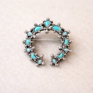 Vintage NYT Faux Turquoise Wreath Brooch Silver Tone Southwestern Crescent Pin